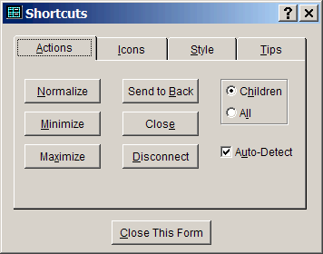 Shortcuts dialog - Actions page
