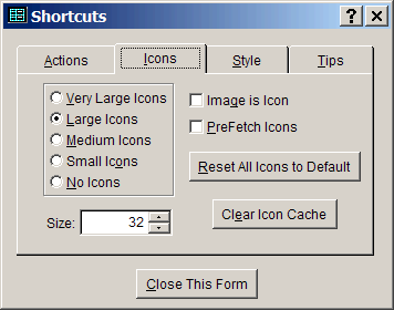 Shortcuts dialog - Icons page