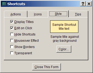 Shortcuts dialog - Style page
