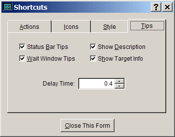 Shortcuts dialog - Tips page
