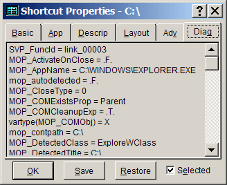 Shortcut Properties - Diagnostics page