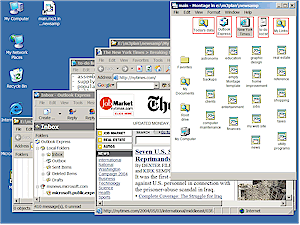 Example of a montage controlling 5 other application windows: 2 instances of Windows Explorer, Outlook Express, Notepad, and Internet Explorer.